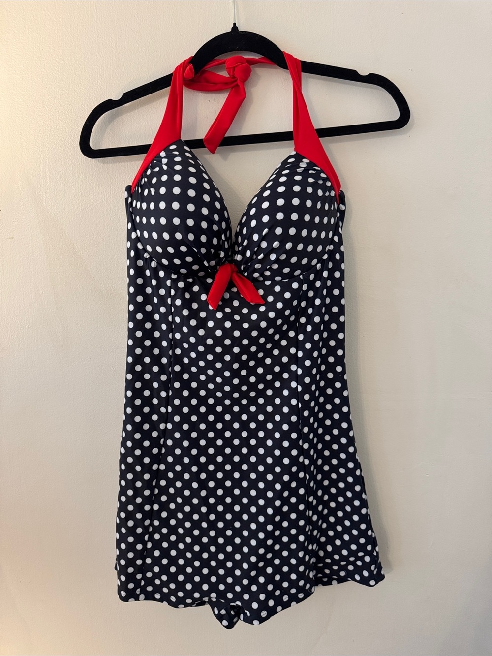Navy Polka Dot Halter Swimdress with Red Accents